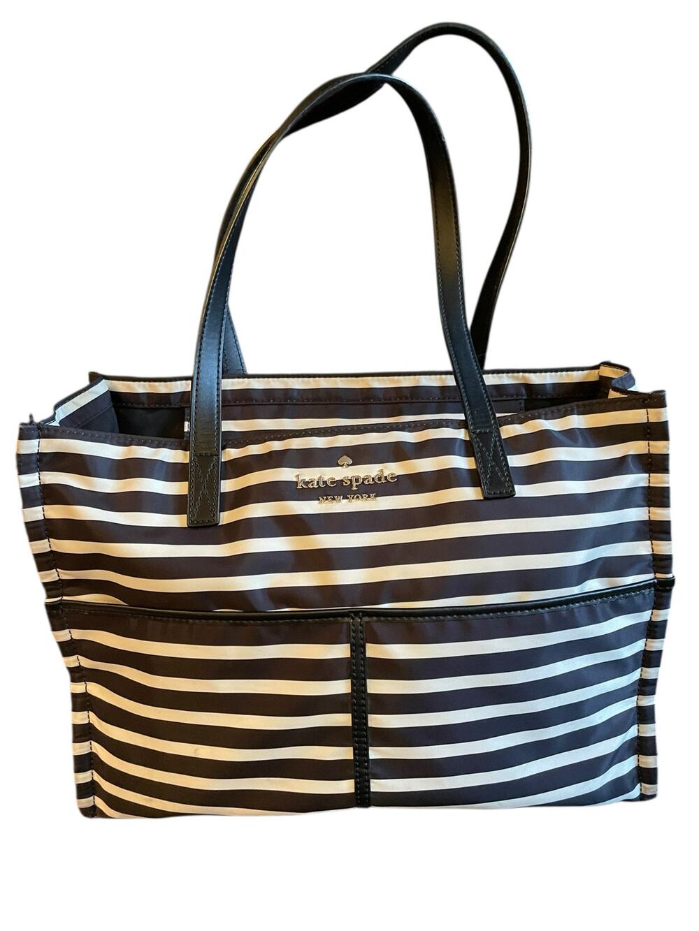 Kate Spade Large Black & White Stripes Shoulder Purse Bag Tote Nylon 15" x 11"